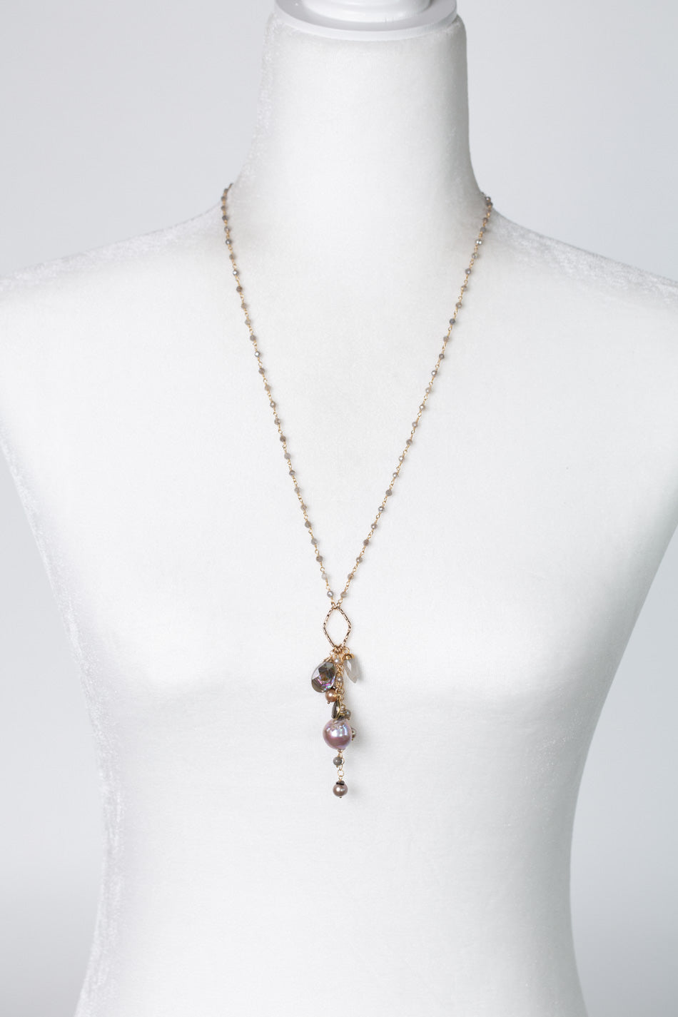 Alchemy 26.5-28.5" Labradorite With Freshwater Pearl, Gold Rutilated Quartz, Abalone, And Moonstone Cluster Necklace