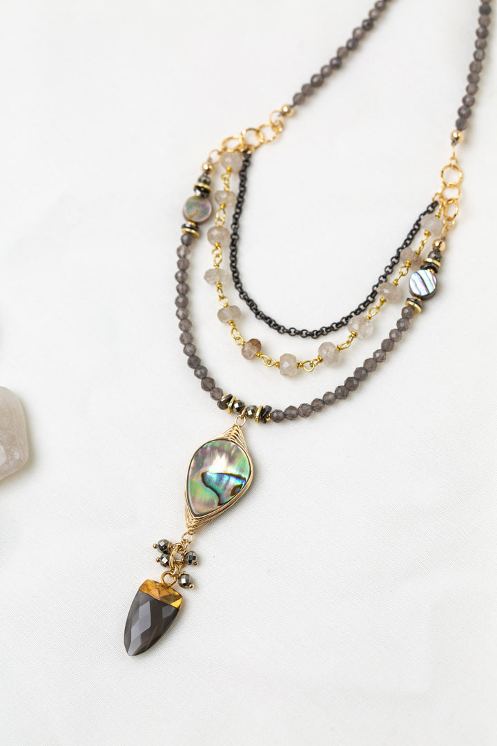 Alchemy 20-22" Gold Rutilated Quartz With Moonstone, Abalone, Pyrite Multistrand Necklace