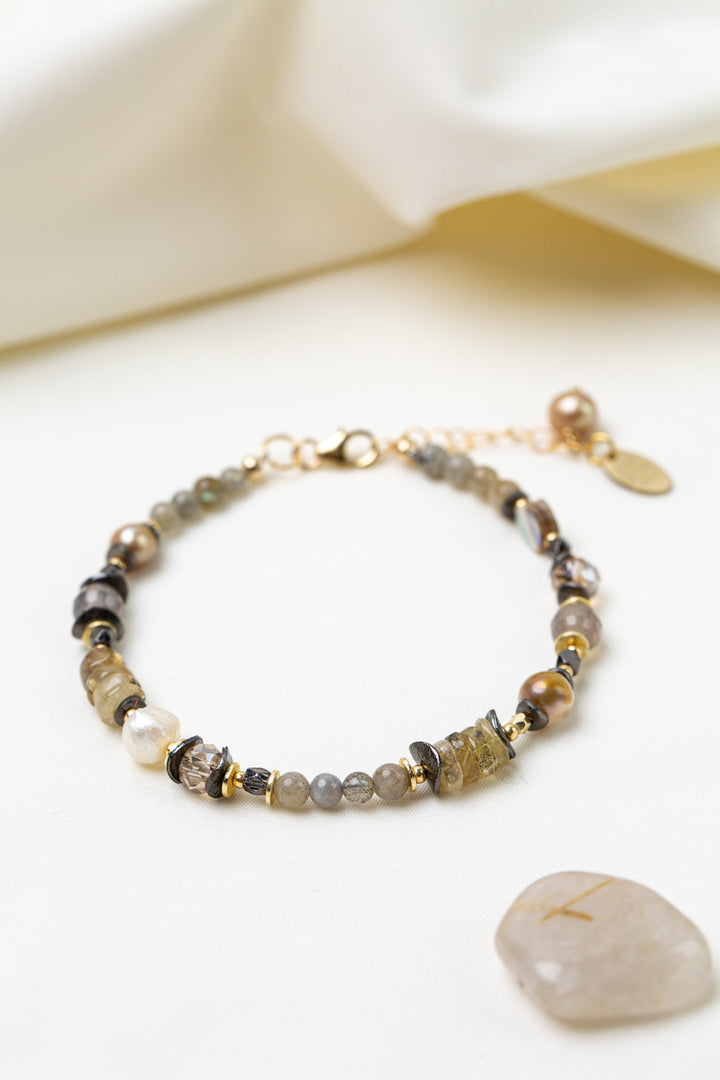 Alchemy 7.5-8.5" Gold Rutilated Quartz, Freshwater Pearl, Labradorite Collage Bracelet