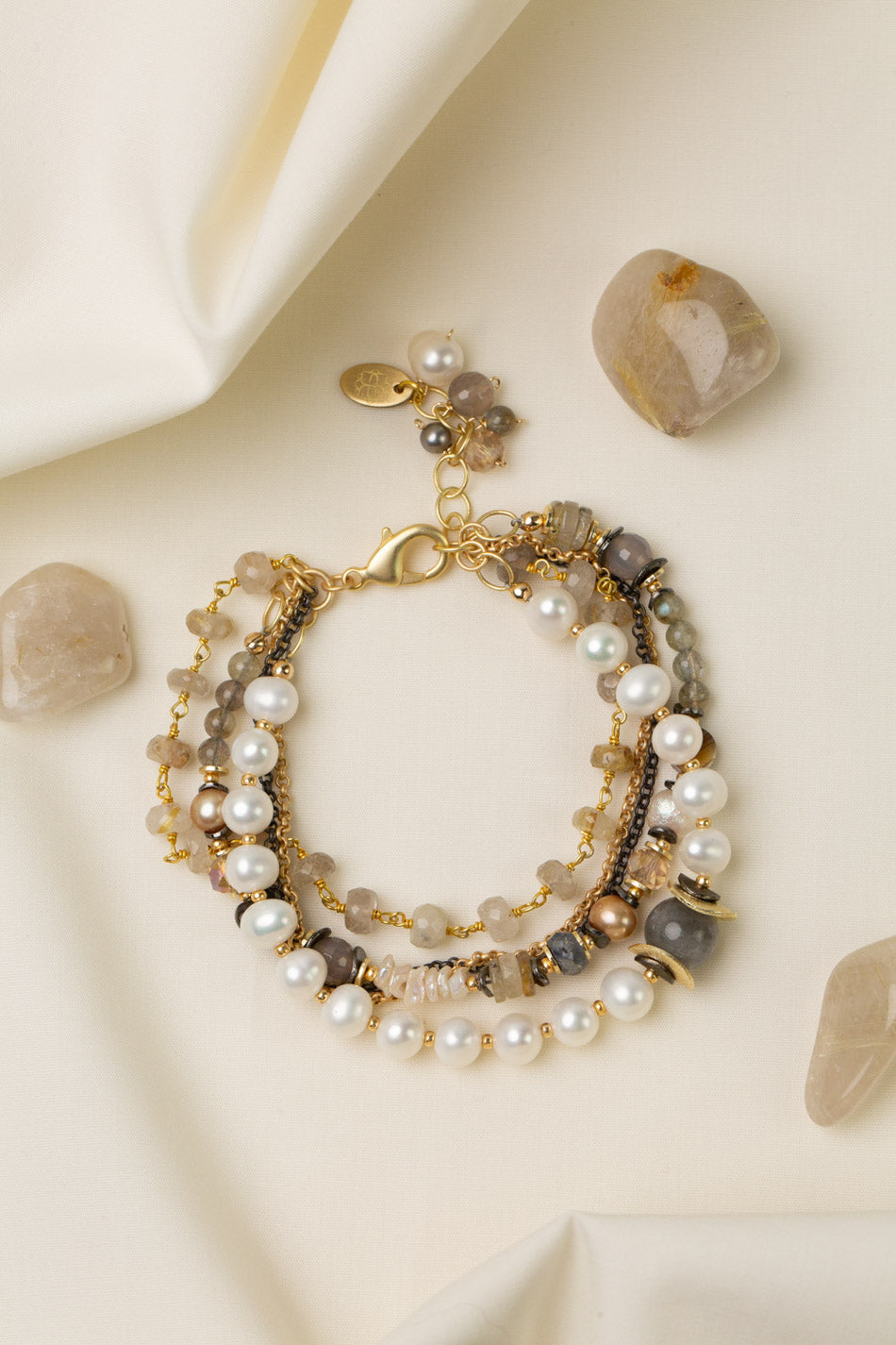 Alchemy 7.75-8.75" Freshwater Pearl, Gold Rutilated Quartz, Abalone Multistrand Bracelet