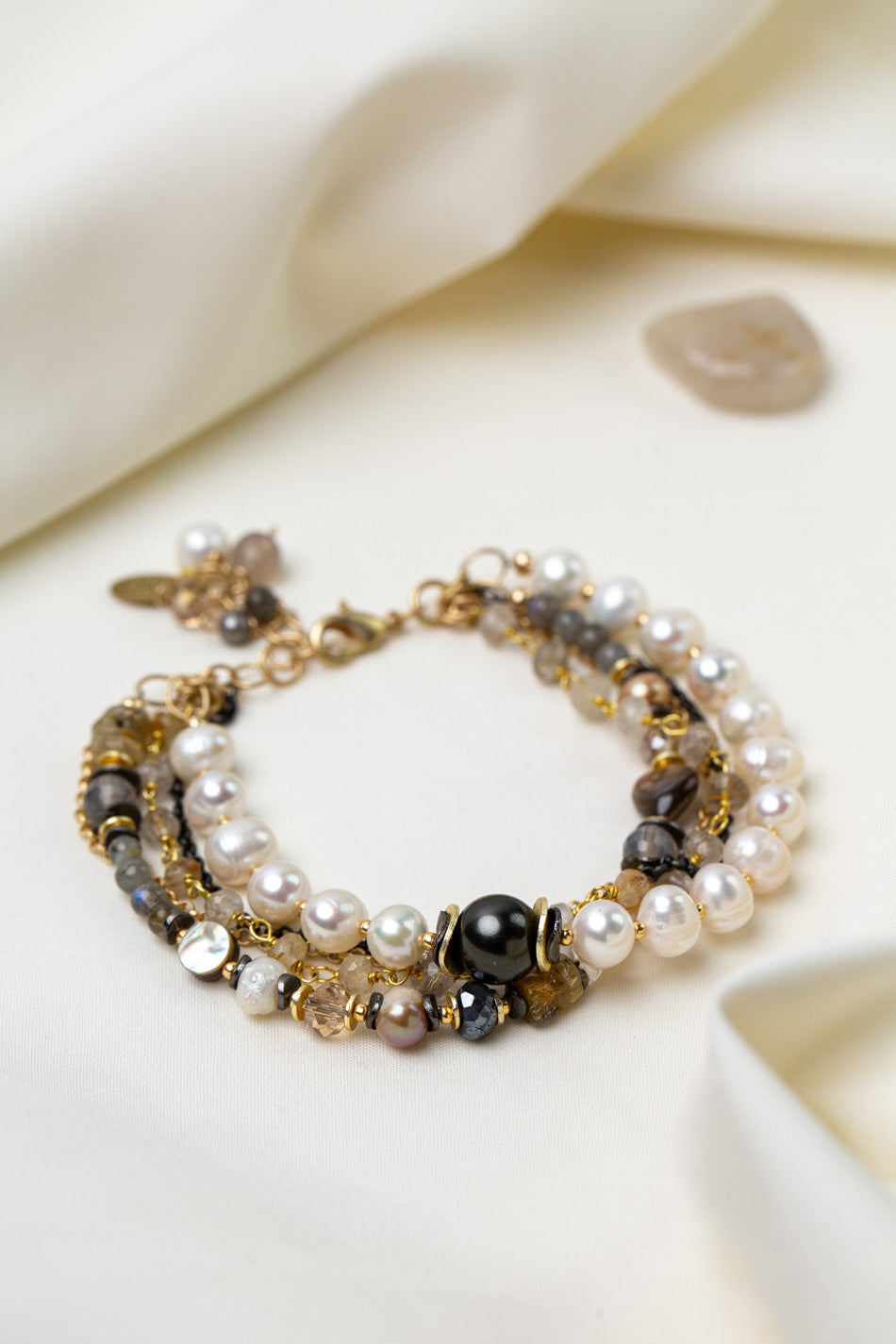 Alchemy 7.75-8.75" Freshwater Pearl, Gold Rutilated Quartz, Abalone Multistrand Bracelet