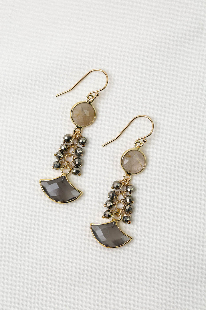 Alchemy Pyrite, Gold Rutilated Quartz With Grey Moonstone Dangle Earrings