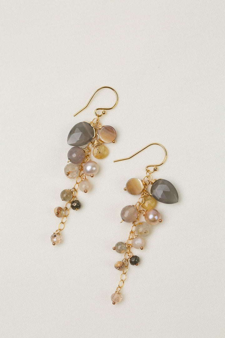 Alchemy Pyrite, Freshwater Pearl, Golden Rutilated Quartz With Moonstone Cluster Earrings