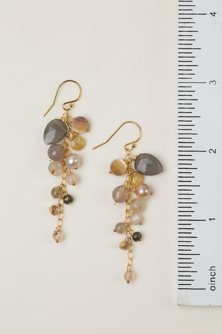 Alchemy Pyrite, Freshwater Pearl, Golden Rutilated Quartz With Moonstone Cluster Earrings