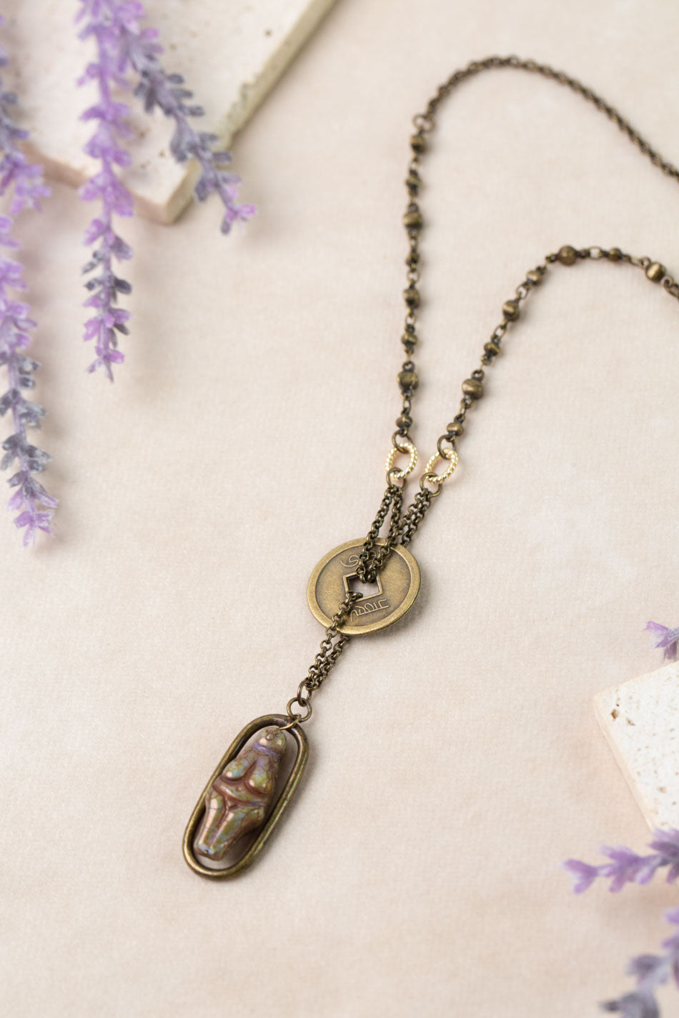 Apatheia 26-28" Czech Glass Goddess, Antique Brass Coin Statement Necklace