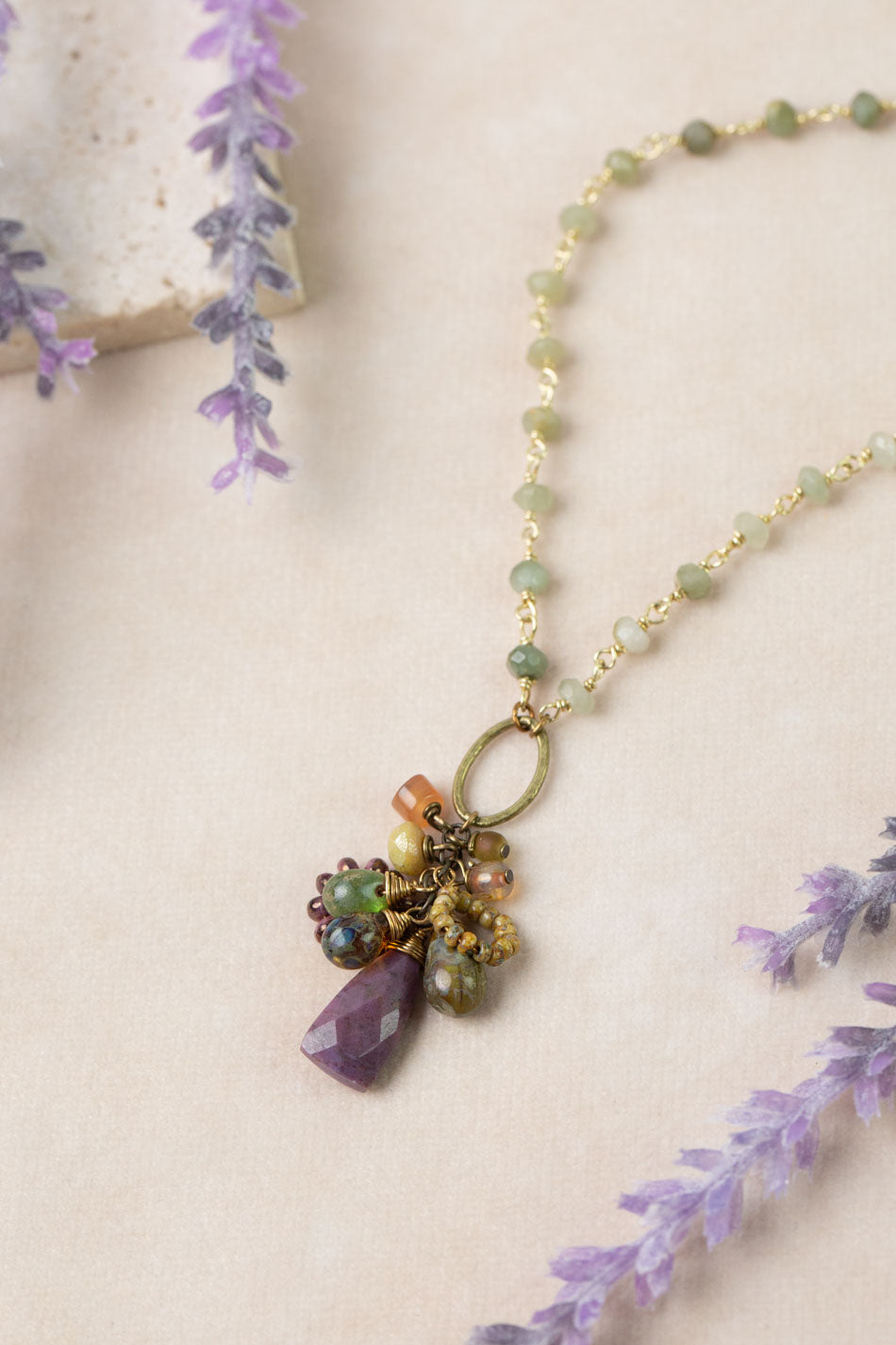 Apatheia 17.5-19.5" Czech Glass, Cats Eye, Purple Jasper Cluster Necklace