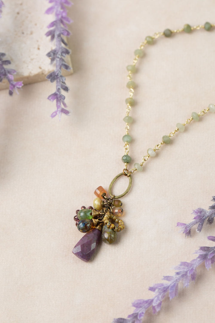 Apatheia 17.5-19.5" Czech Glass, Cats Eye, Purple Jasper Cluster Necklace