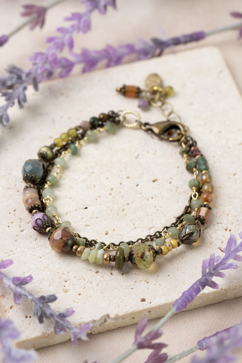 Apatheia 7.5-8.5" Fancy Jasper, Czech Glass, Shell Multistrand Bracelet