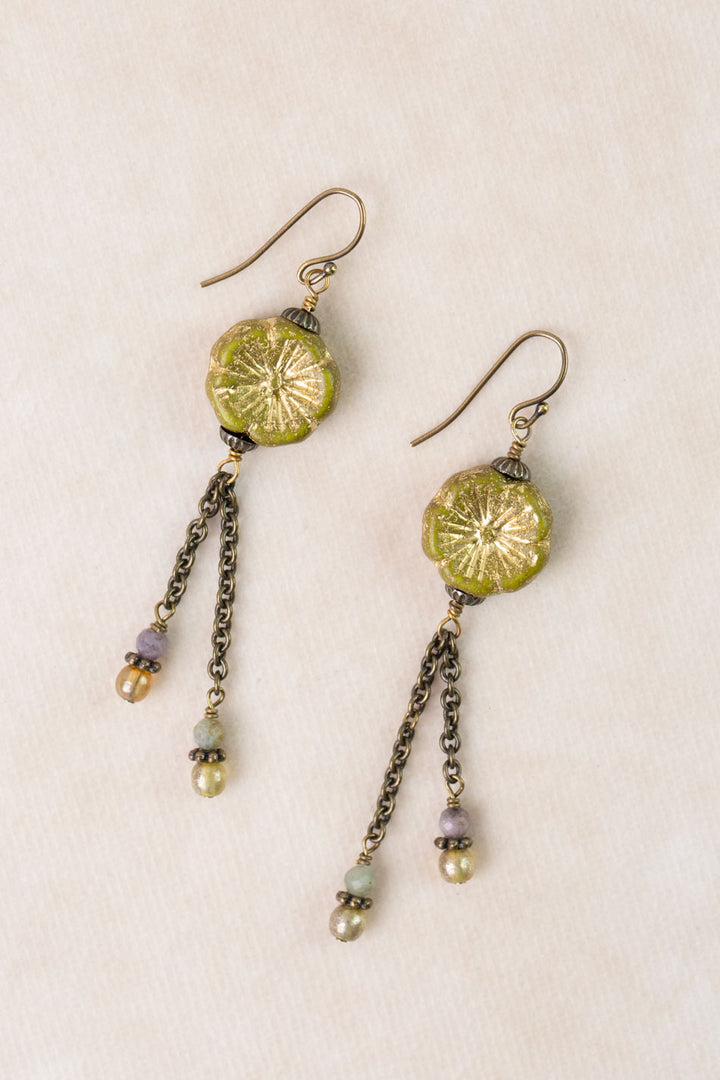 Apatheia Fancy Jasper, Czech Glass Flower Dangle Earrings