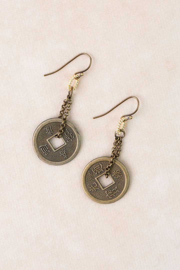 Apatheia Antique Brass Coin Statement Earrings