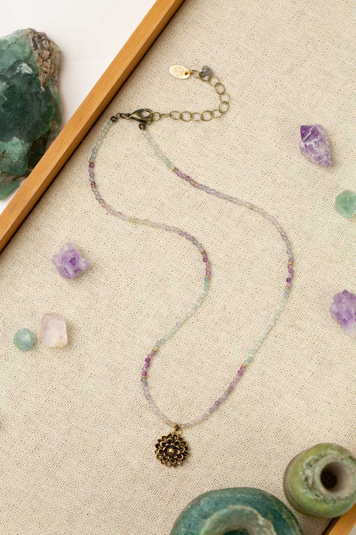 Aspire 16.5-18.5" Fluorite With Gold Plated Brass Mum Flower Pendant Simple Necklace