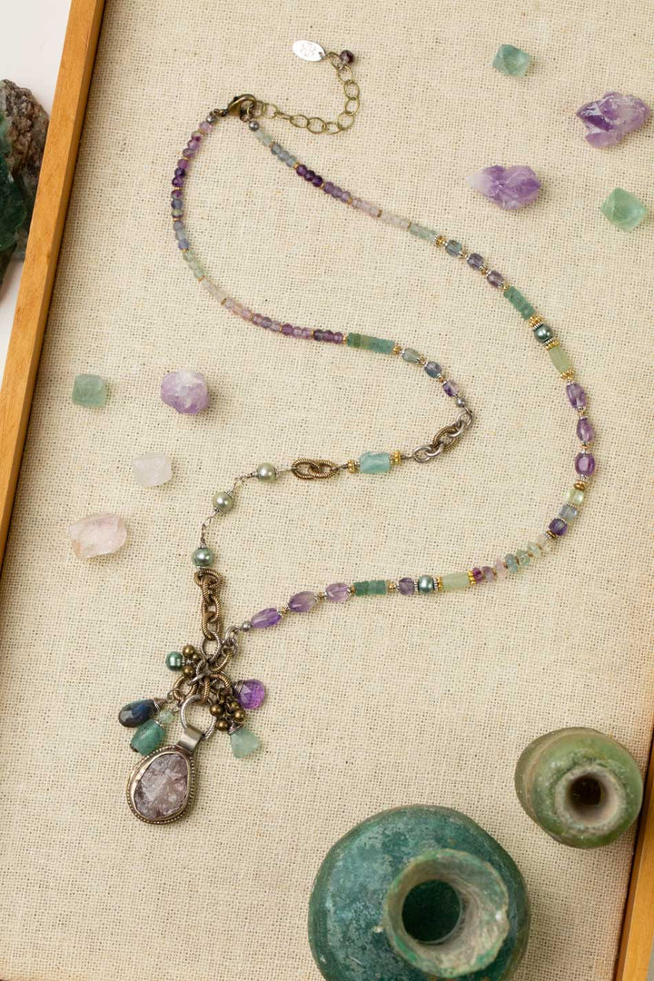 Aspire 23.5-25.5" Fluorite, Roman Glass, Freshwater Pearl With Tibetan Amethyst Pendant Statement Necklace