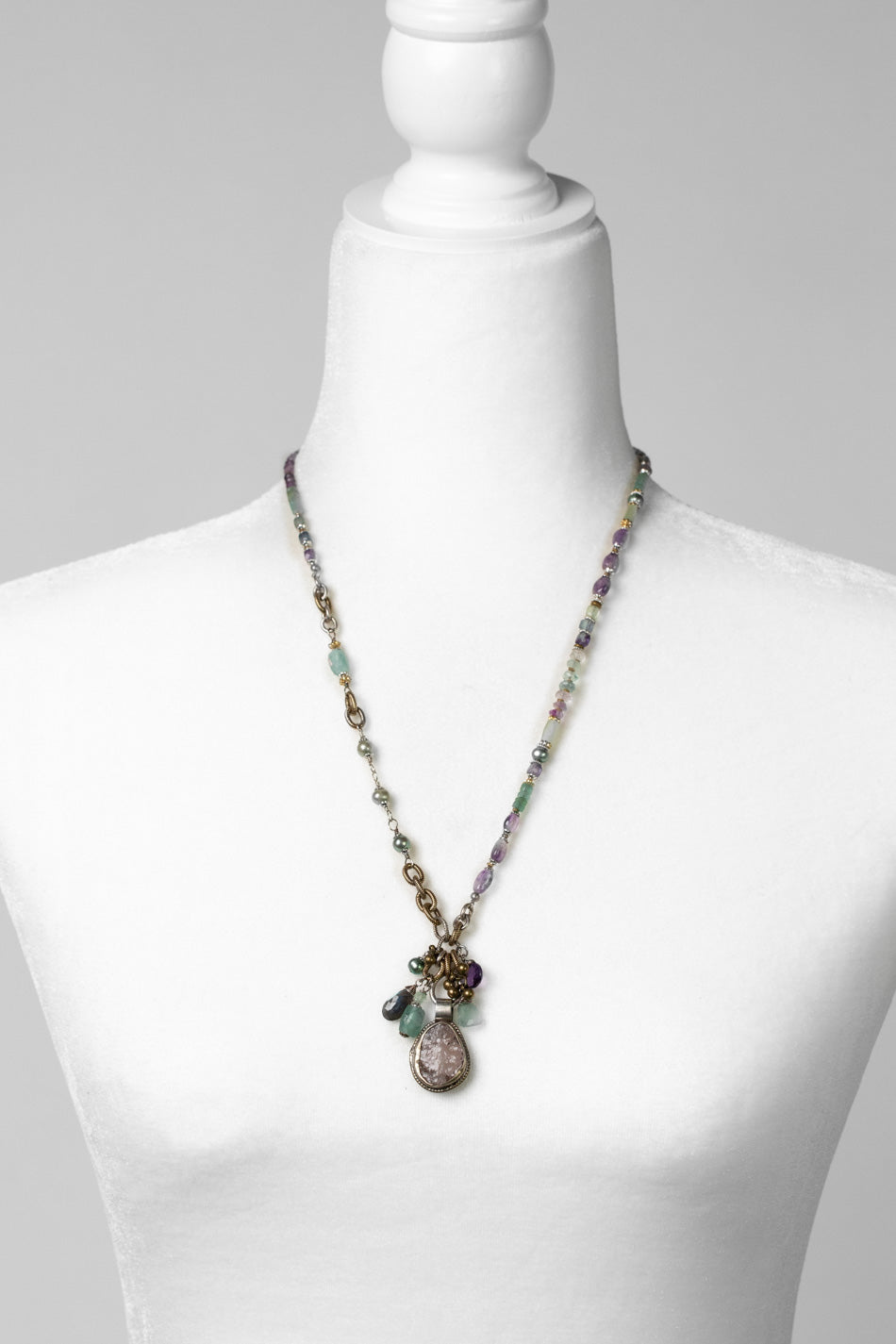 Aspire 23.5-25.5" Fluorite, Roman Glass, Freshwater Pearl With Tibetan Amethyst Pendant Statement Necklace