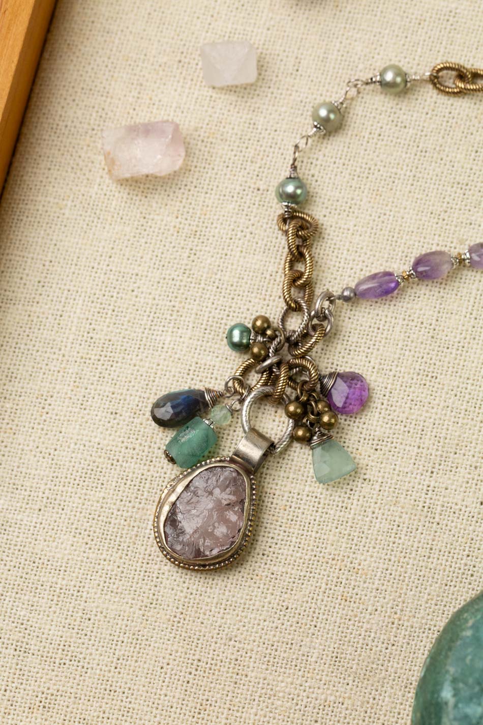 Aspire 23.5-25.5" Fluorite, Roman Glass, Freshwater Pearl With Tibetan Amethyst Pendant Statement Necklace