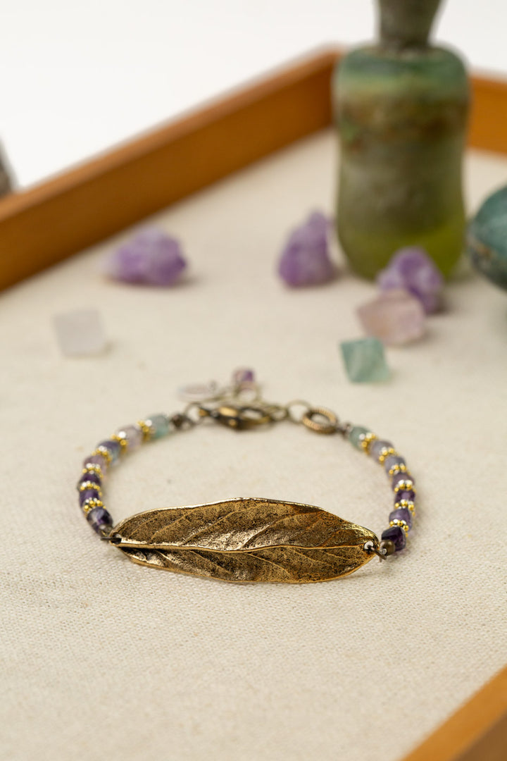 Aspire 7.5-8.5" Rainbow Fluorite With Antique Gold Plated Brass Leaf Statement Bracelet