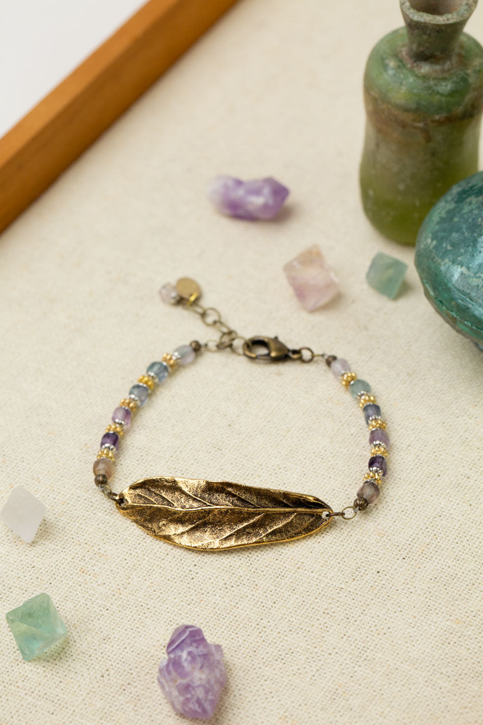 Aspire 7.5-8.5" Rainbow Fluorite With Antique Gold Plated Brass Leaf Statement Bracelet