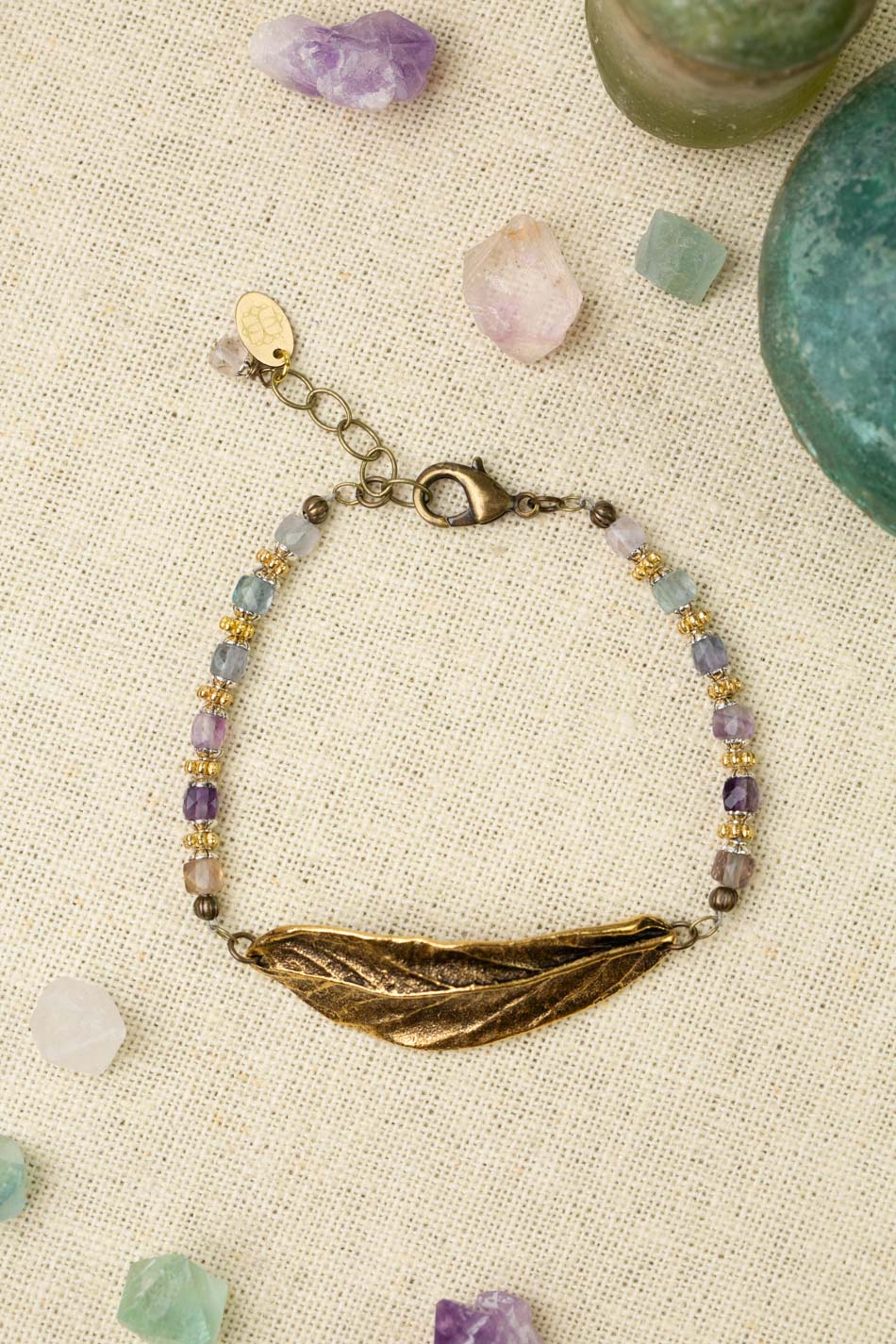 Aspire 7.5-8.5" Rainbow Fluorite With Antique Gold Plated Brass Leaf Statement Bracelet