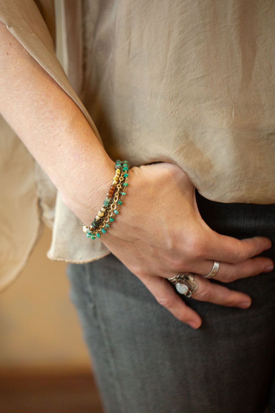 Atlas 7.5-8.5" Roman Glass, Amazonite, Czech Glass Multistrand Bracelet