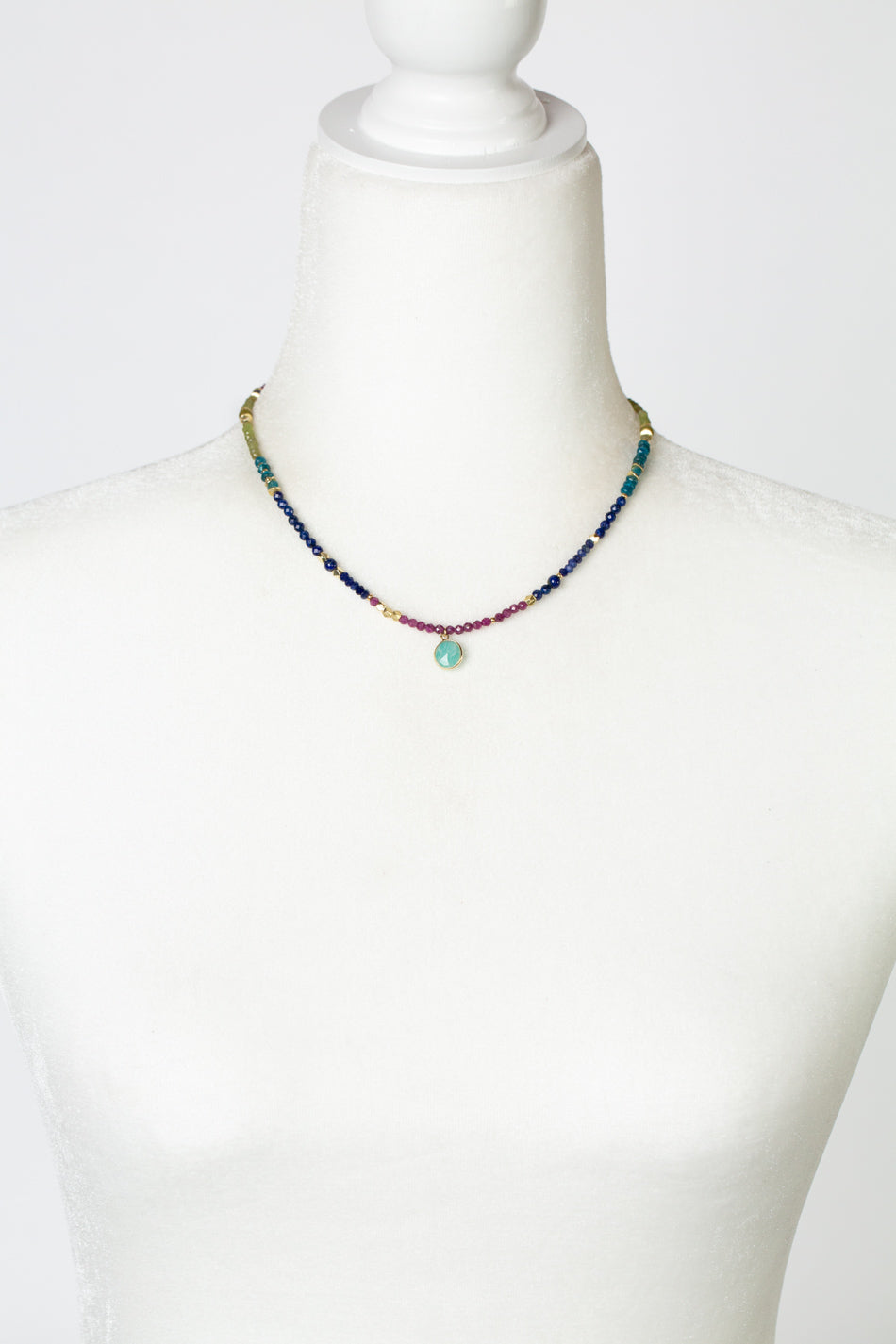 Aurora 15.5-17.5" Ruby, Lapis Lazuli, Chrysoprase with Faceted Amazonite Coin Simple Necklace