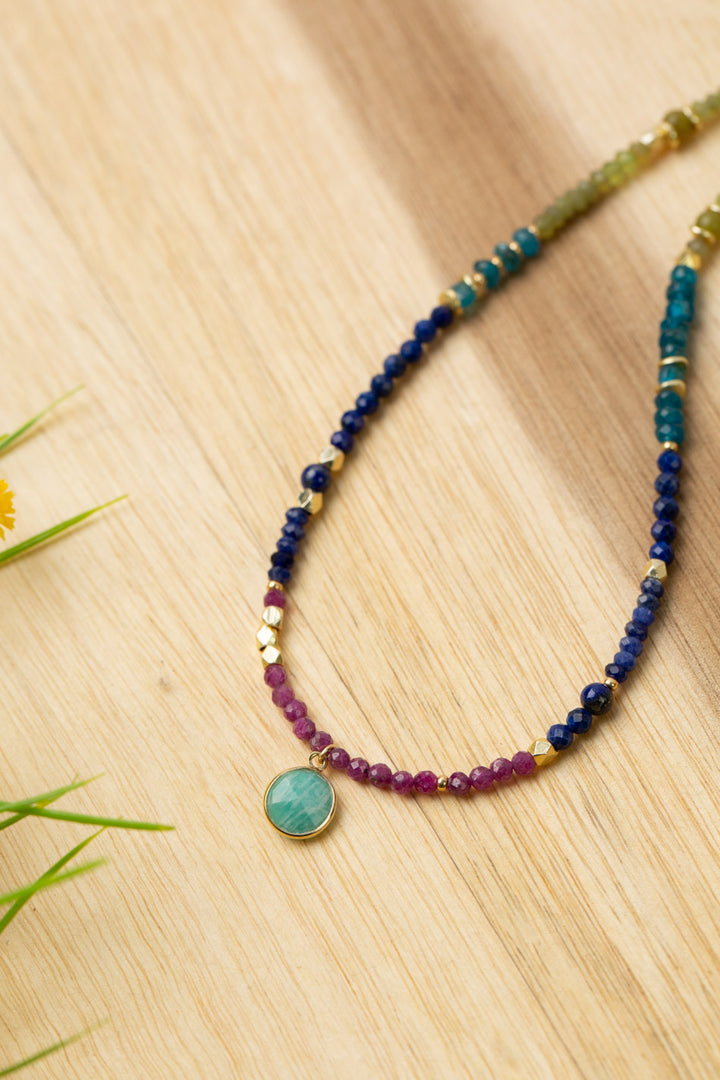 Aurora 15.5-17.5" Ruby, Lapis Lazuli, Chrysoprase with Faceted Amazonite Coin Simple Necklace