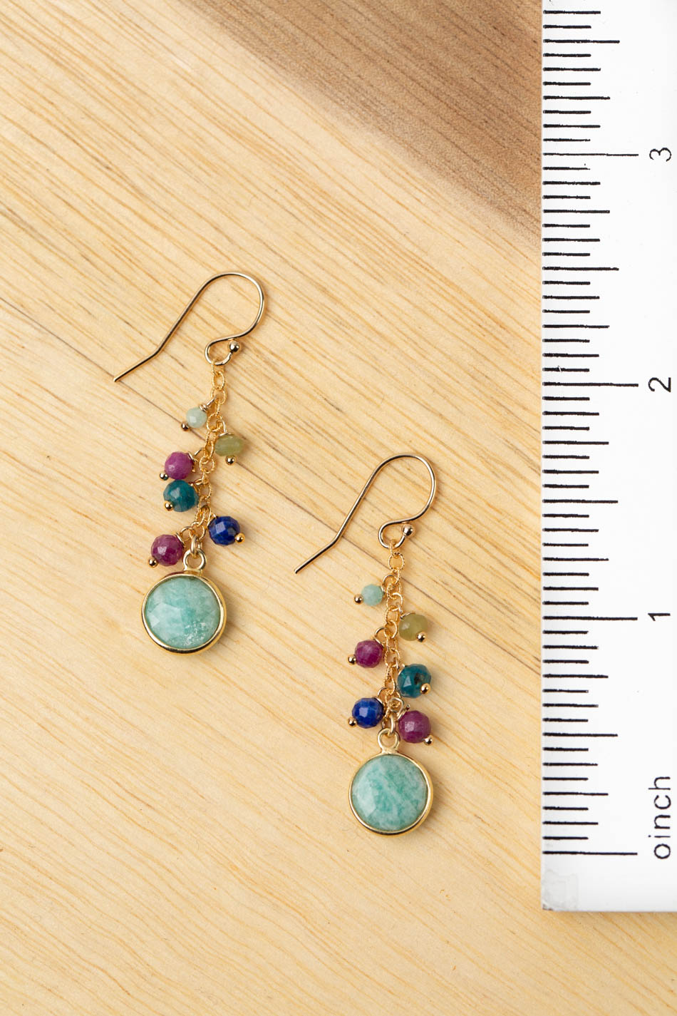 Aurora Ruby, Lapis Lazuli, Blue Apatite With Faceted Amazonite Gold Filled Coin Cluster Earrings