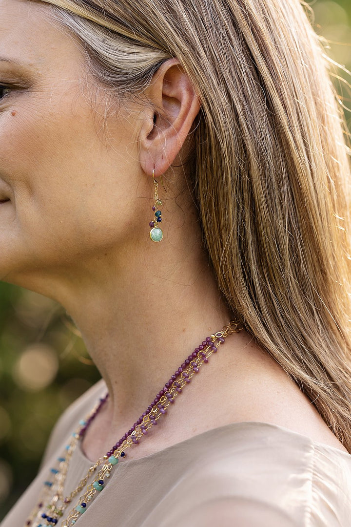 Aurora Ruby, Lapis Lazuli, Blue Apatite With Faceted Amazonite Gold Filled Coin Cluster Earrings