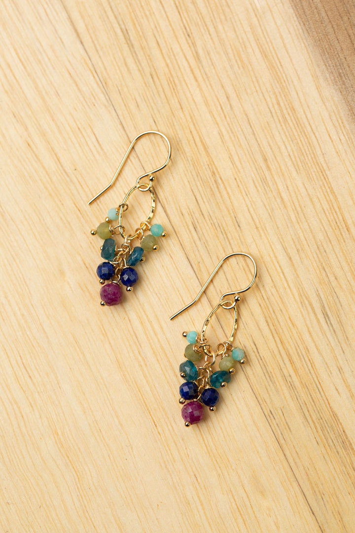 Aurora Faceted Ruby, Faceted Lapis Lazuli, Blue Apatite Cluster Earrings