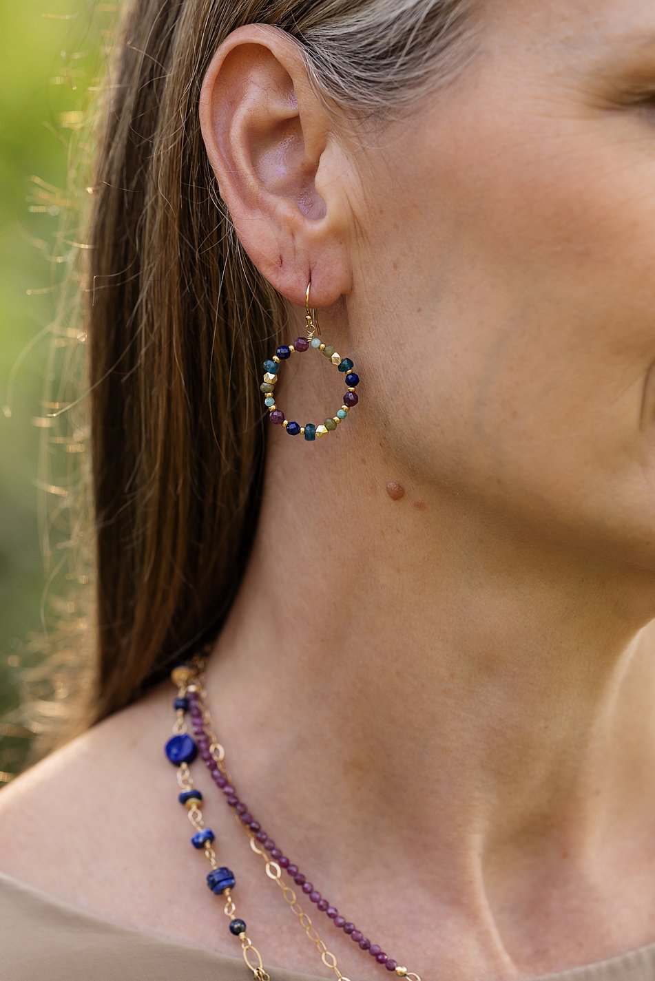 Aurora Ruby, Faceted Lapis Lazuli, Blue Apatite Hoop Earrings