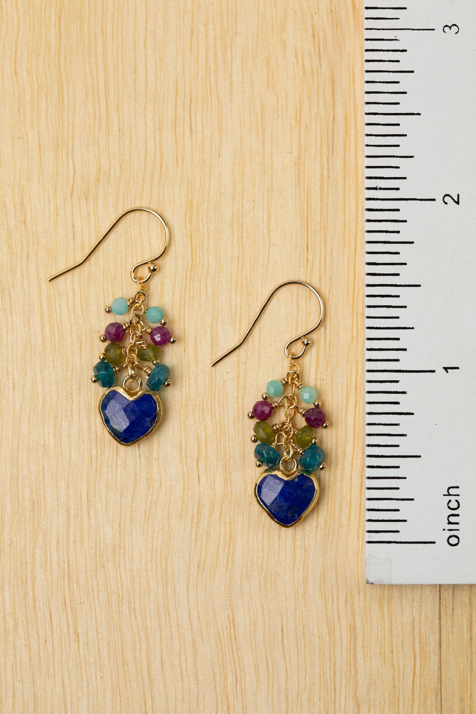 Aurora Blue Apatite, Lapis Lazuli, Green Jade With Faceted Ruby Gold Plated Heart Bezel Cluster Earrings