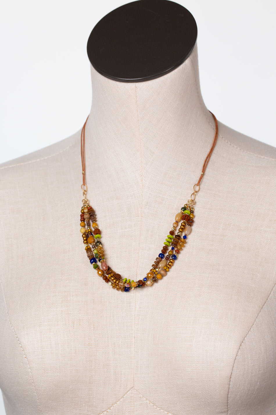 Azulejo 20.5-22.5" Brown Heishe, Czech Glass, Yellow Turquoise Multistrand Necklace
