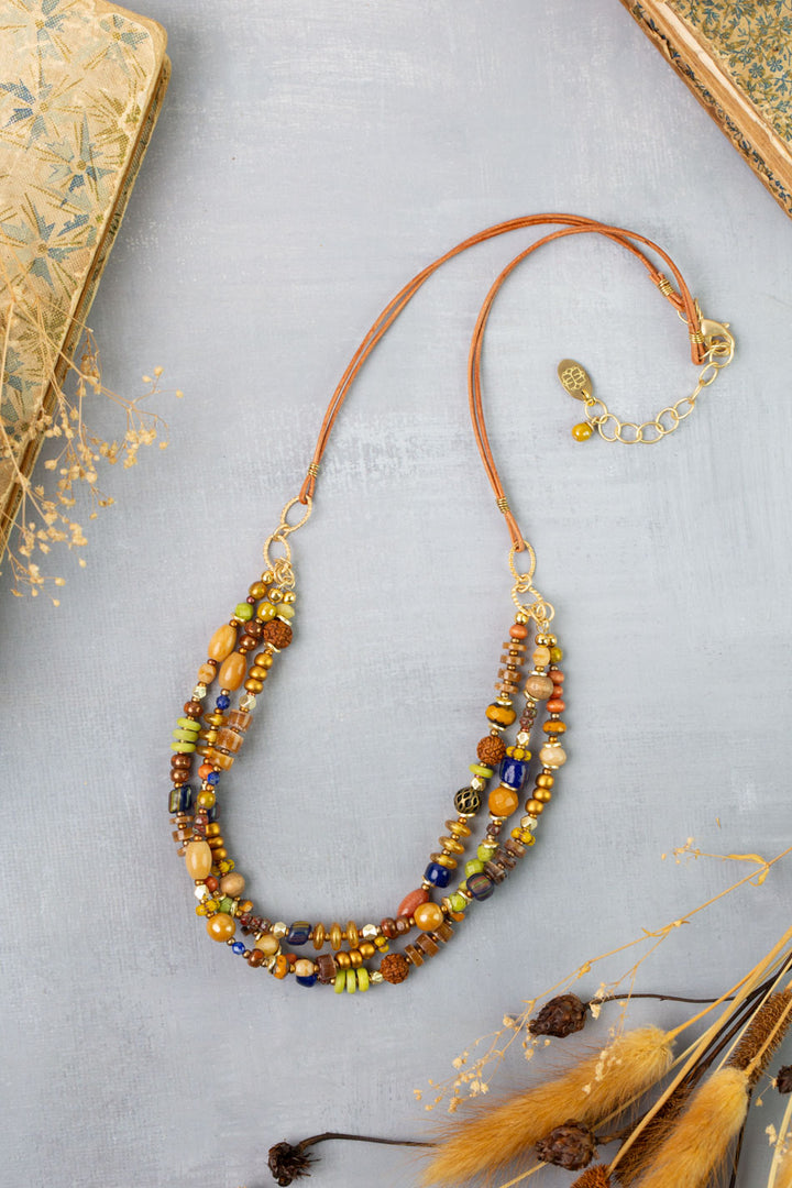 Azulejo 20.5-22.5" Brown Heishe, Czech Glass, Yellow Turquoise Multistrand Necklace