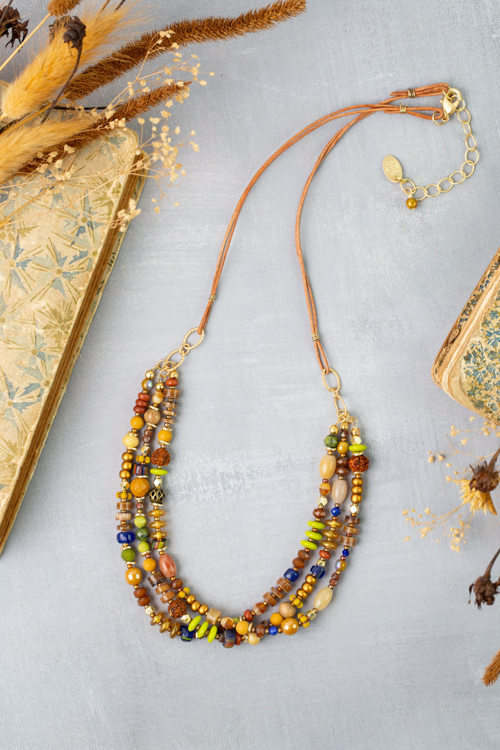 Azulejo 20.5-22.5" Brown Heishe, Czech Glass, Yellow Turquoise Multistrand Necklace