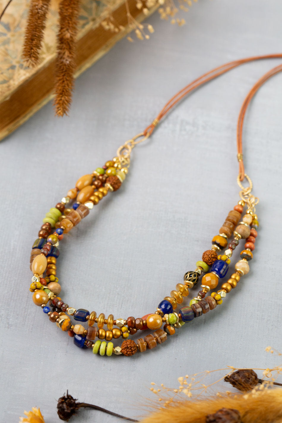 Azulejo 20.5-22.5" Brown Heishe, Czech Glass, Yellow Turquoise Multistrand Necklace