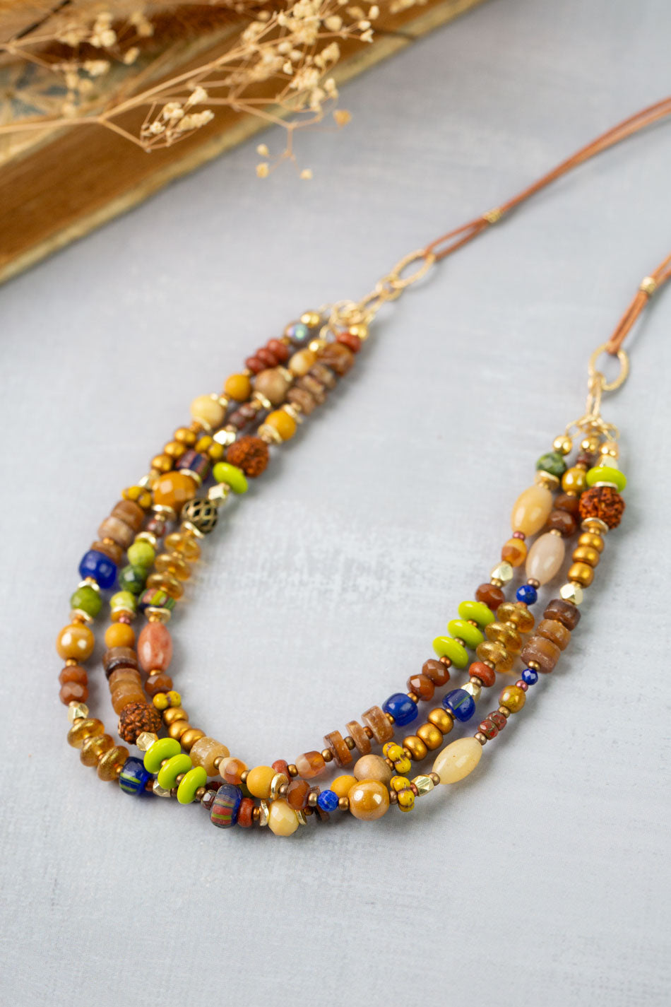 Azulejo 20.5-22.5" Brown Heishe, Czech Glass, Yellow Turquoise Multistrand Necklace