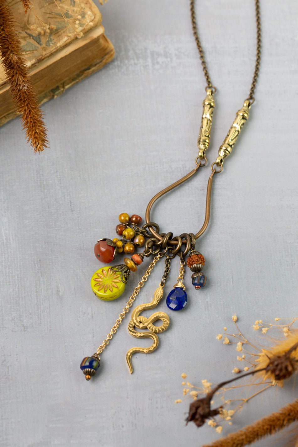 Azulejo 27-29" Lapis, Czech Glass, Shell Tassel Necklace