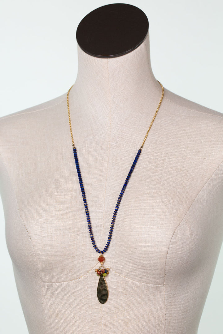Azulejo 26-28" Czech Glass, Lapis, Yellow Turquoise with Brass Teardrop Focal Tassel Necklace