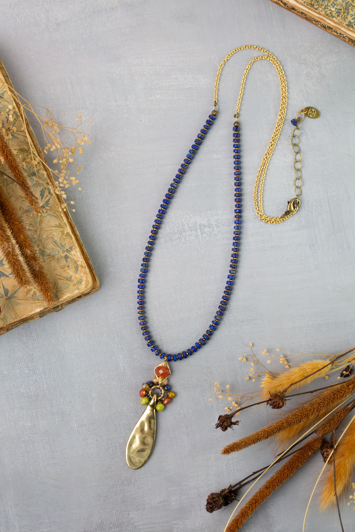 Azulejo 26-28" Czech Glass, Lapis, Yellow Turquoise with Brass Teardrop Focal Tassel Necklace
