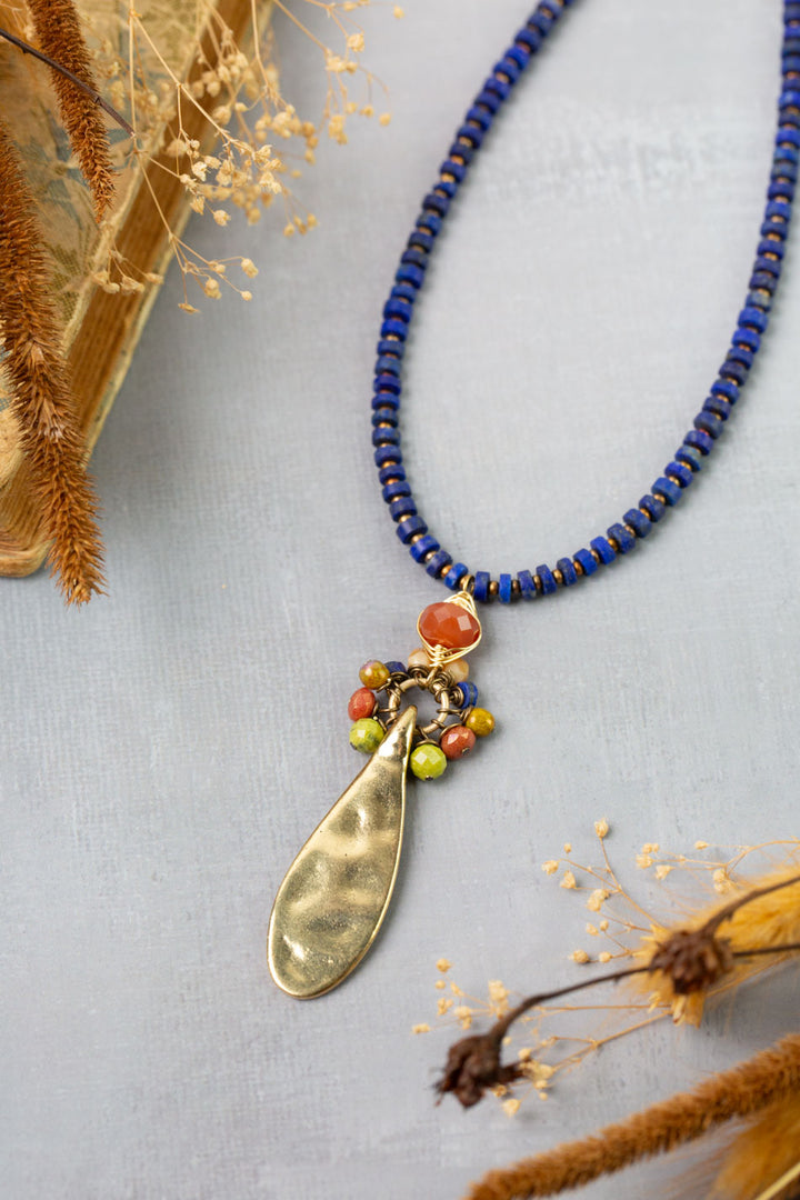 Azulejo 26-28" Czech Glass, Lapis, Yellow Turquoise with Brass Teardrop Focal Tassel Necklace