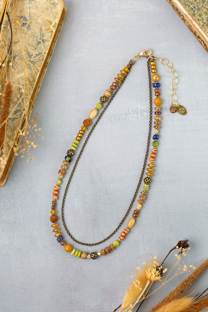 Azulejo 14.5-16.5" Yellow Turquoise, Czech Glass, Brown Heishe Multistrand Necklace