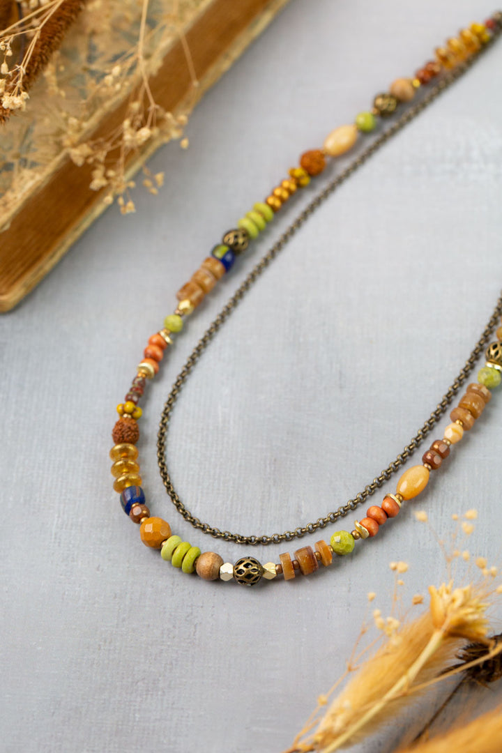 Azulejo 14.5-16.5" Yellow Turquoise, Czech Glass, Brown Heishe Multistrand Necklace