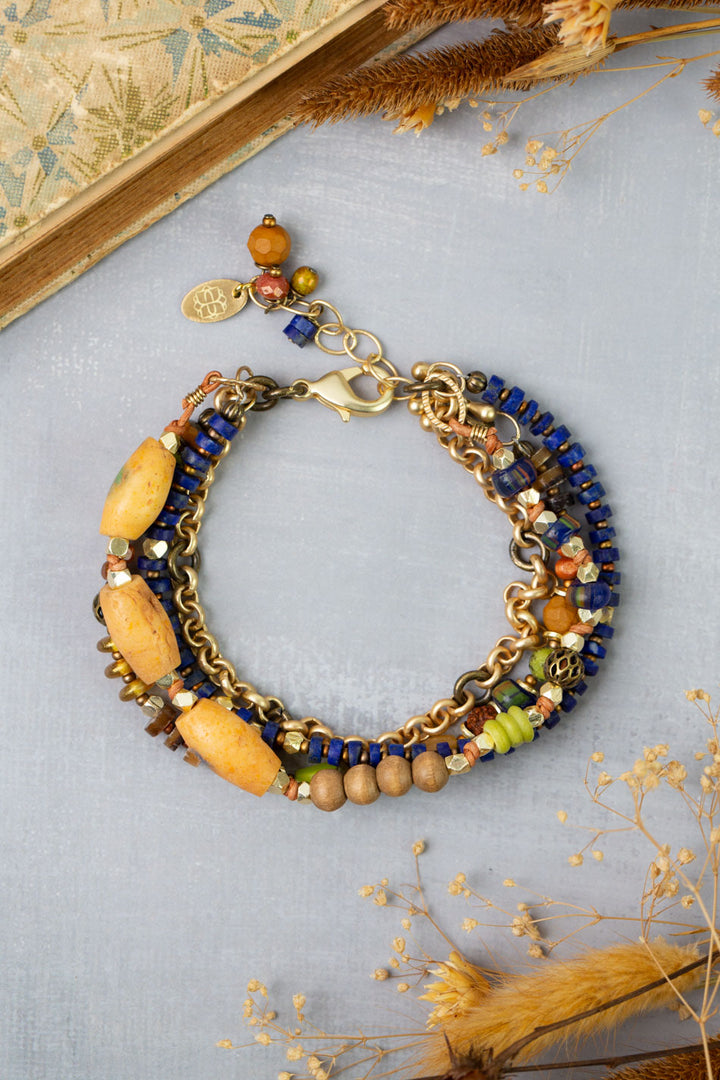 Azulejo 7.5-8.5" Czech Glass, Lapis, Yellow Turquoise Multistrand Bracelet
