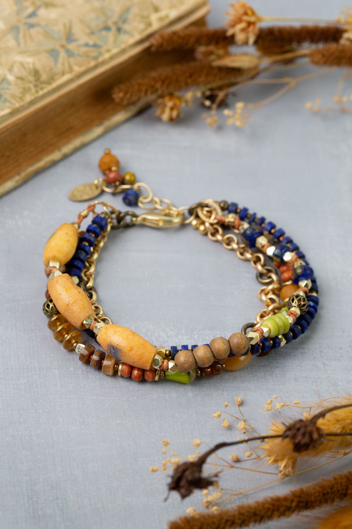Azulejo 7.5-8.5" Czech Glass, Lapis, Yellow Turquoise Multistrand Bracelet