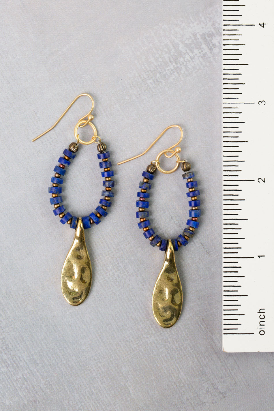 Azulejo Brass Teardrop, Lapis Hoop Earrings
