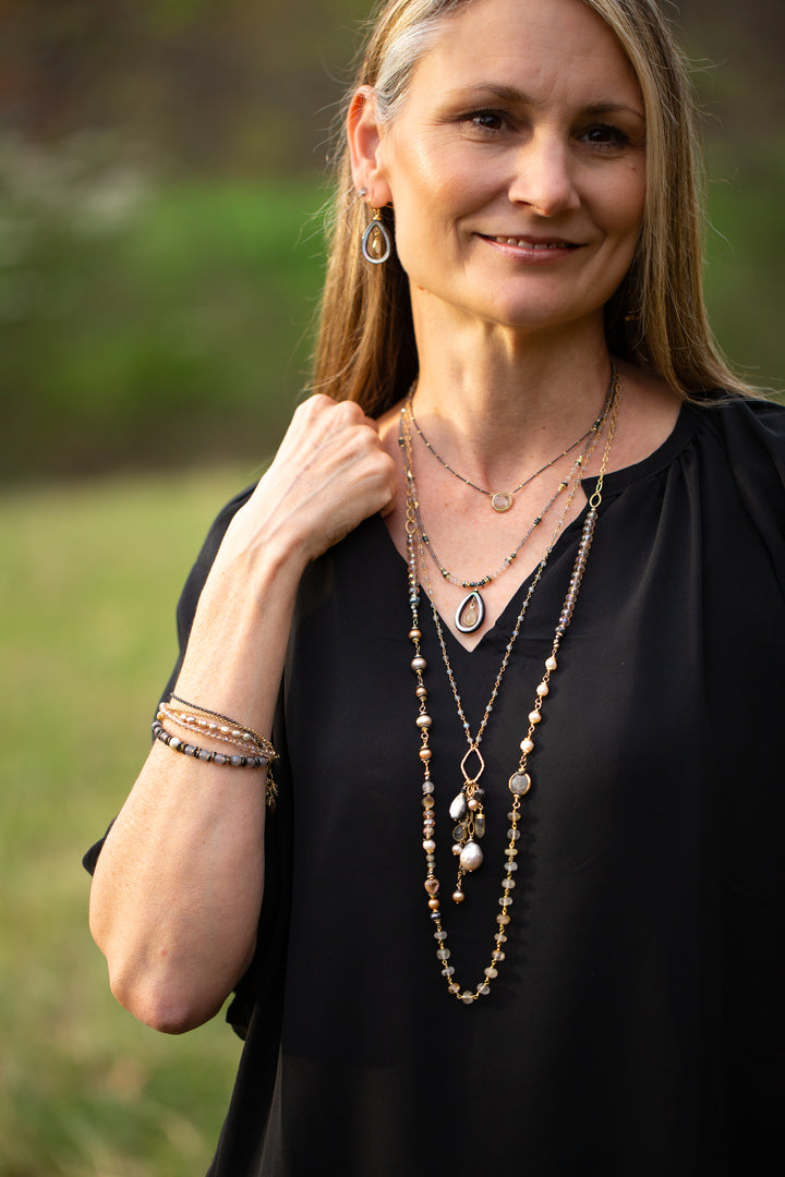 Alchemy 18.5-20.5" Pyrite, Grey Moonstone With Gold Rutilated Quartz Long Teardrop Bezel Collage Necklace
