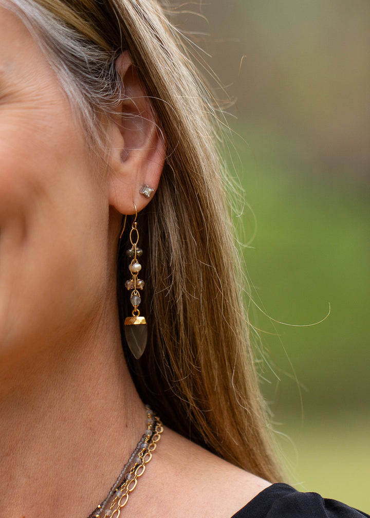 Alchemy Grey Moonstone Bezel, Labradorite, Pearl Dangle Earrings