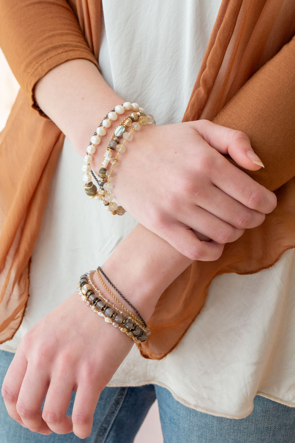 Alchemy 7.75-8.75" Freshwater Pearl, Gold Rutilated Quartz, Abalone Multistrand Bracelet