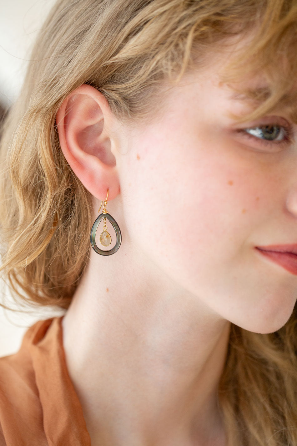 Alchemy Black Lip Shell Teardrop, Golden Rutilated Quartz Bezel Statement Earrings