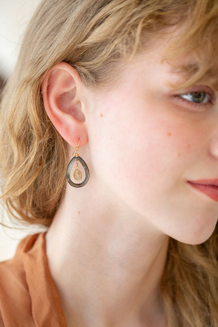 Alchemy Black Lip Shell Teardrop, Golden Rutilated Quartz Bezel Statement Earrings