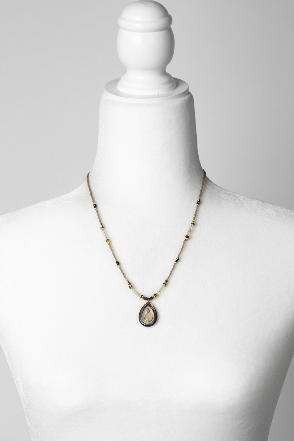 Alchemy 18.5-20.5" Pyrite, Grey Moonstone With Gold Rutilated Quartz Long Teardrop Bezel Collage Necklace