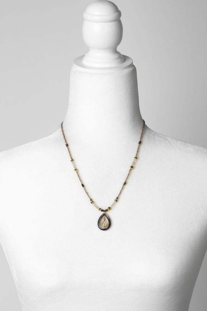 Alchemy 18.5-20.5" Pyrite, Grey Moonstone With Gold Rutilated Quartz Long Teardrop Bezel Collage Necklace